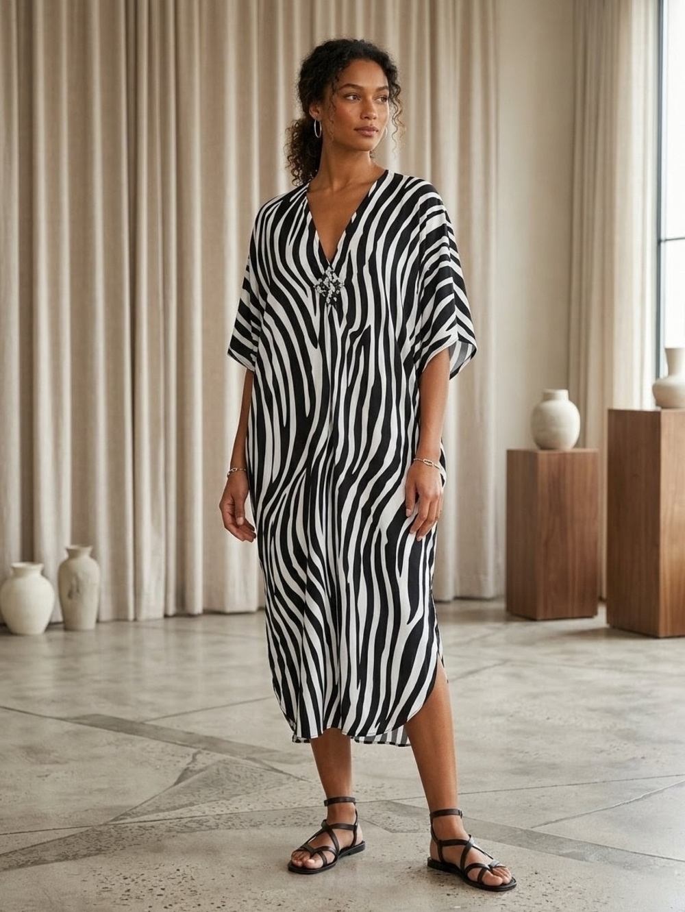 Zebra-Stripe V-Neck Midi Dress in Black & White